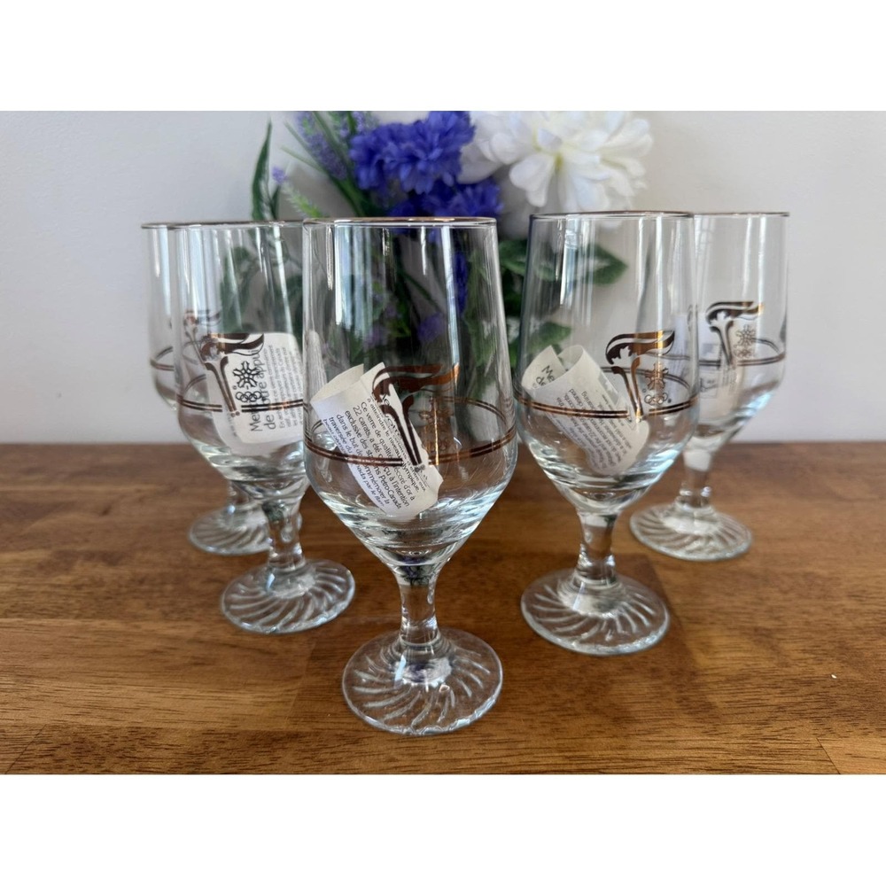 Vintage Calgary 1988 Winter Olympics Wine Glasses Gold Rim Set of 5 Collectable‎